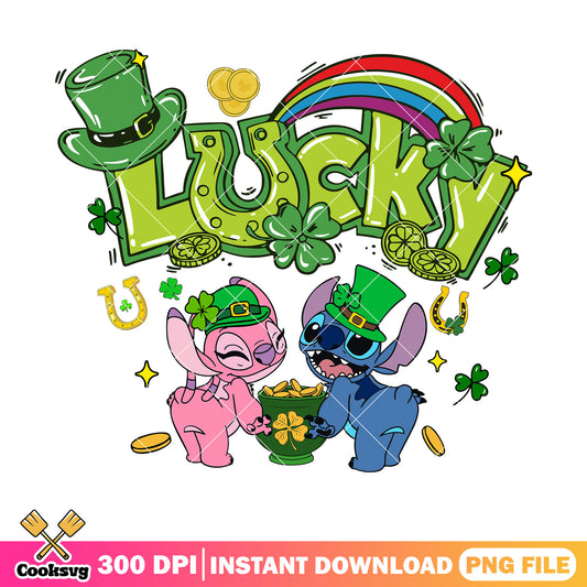 Stitch and angel lucky patrick day png, stitch and angel png