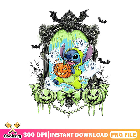 Stitch and pumpkin design png, stitch cute png, labubu halloween png