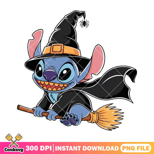 Stitch flying witch png, cute stitch​ png, halloween movies​ png