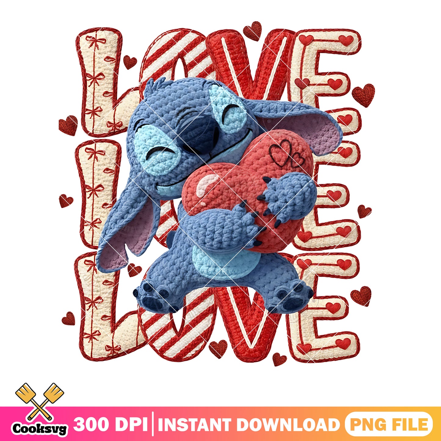 Stitch love png, valentine plush png, red heart hug png
