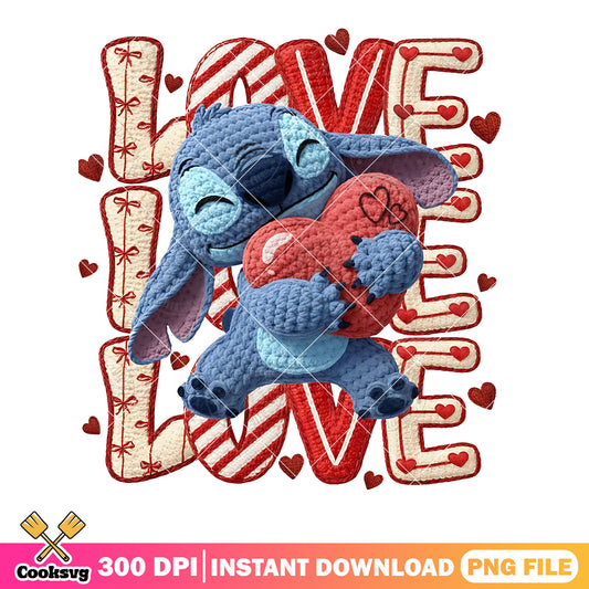 Stitch love png, valentine plush png, red heart hug png