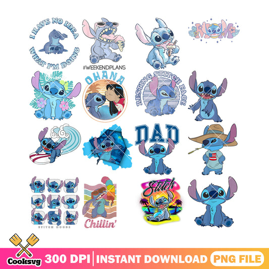 Stitch ohana chillin png bundle, stitch lilo png, stitch ohana png