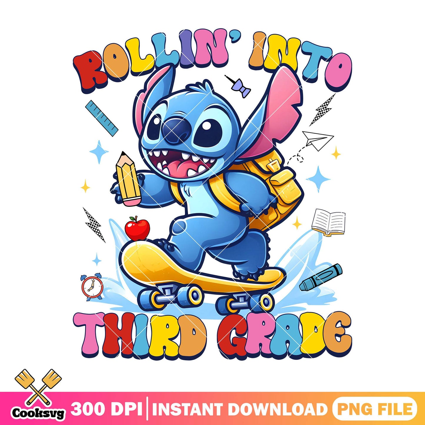 Stitch rollin into third grade png, back to school png, stitch cute png
