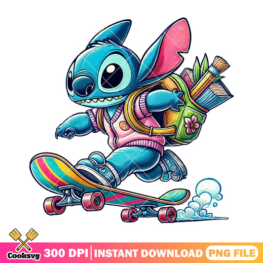 Stitch skateboarding file png, blue stitch png, go back to school png