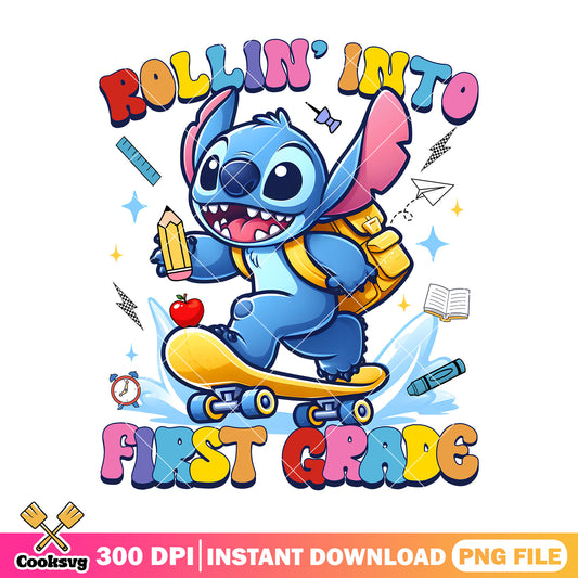 Stitch skateboarding png, happy stitch png, going back to school png