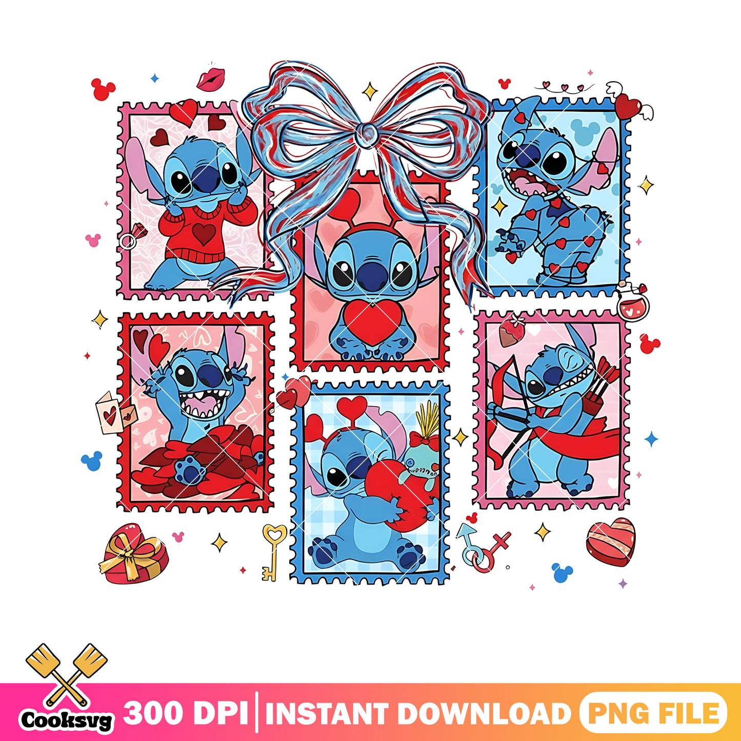 Stitch valentine png, love stamps png, romantic icons png