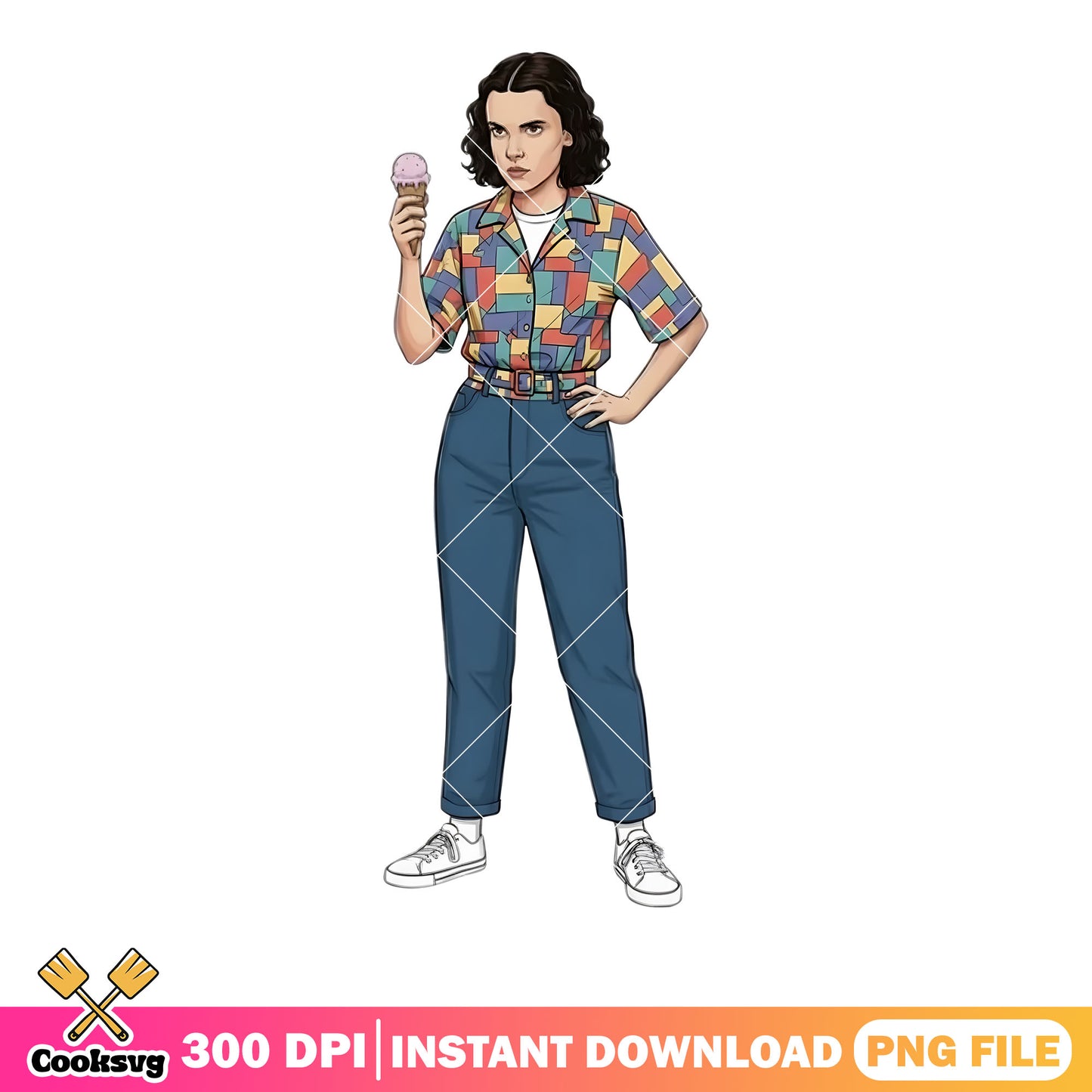 Stranger things eleven ice cream png, colorful shirt png, 80s art png