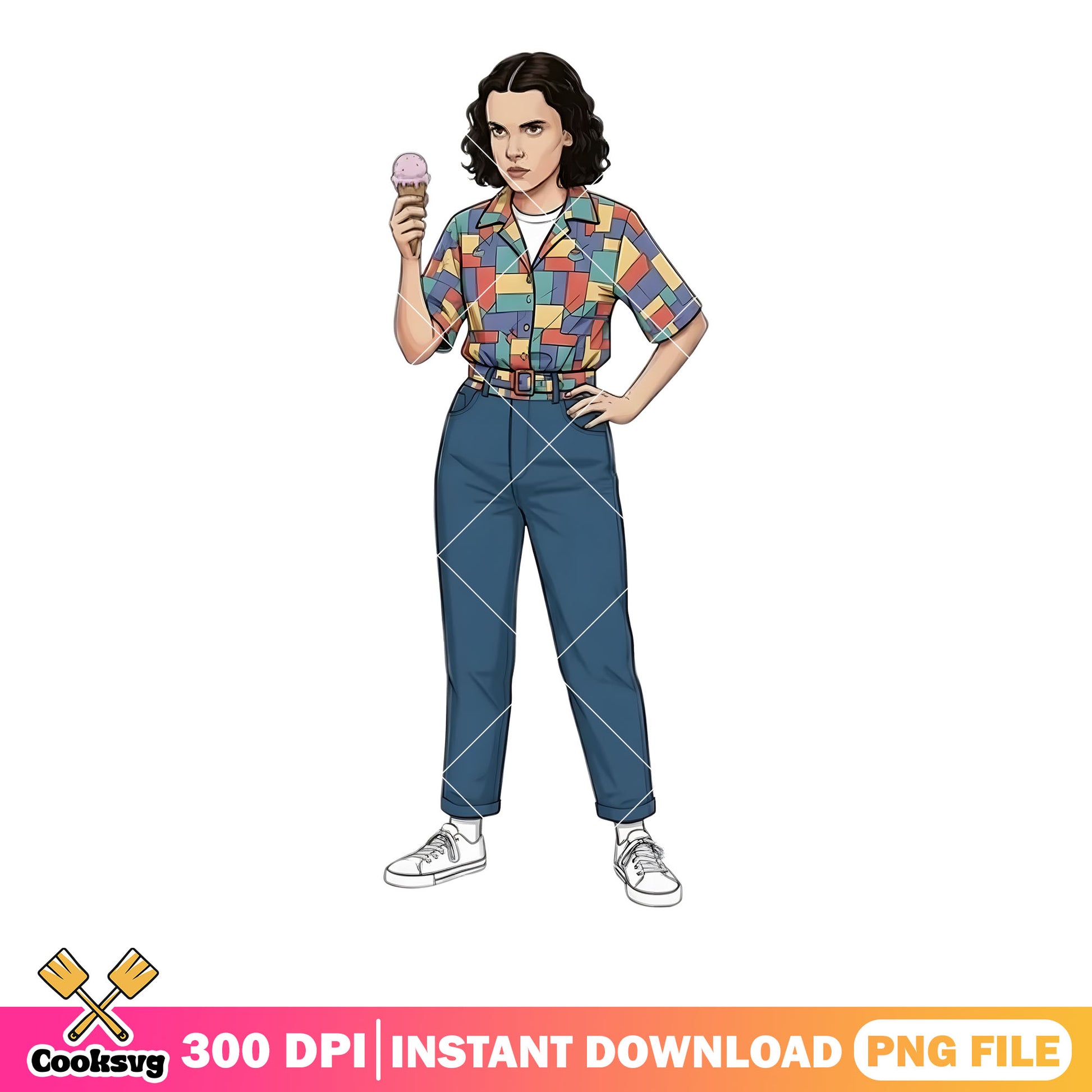 Stranger things eleven ice cream png, colorful shirt png, 80s art png