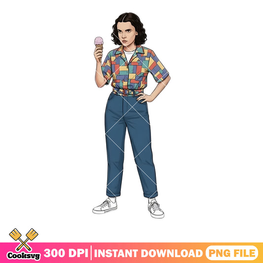 Stranger things eleven ice cream png, colorful shirt png, 80s art png