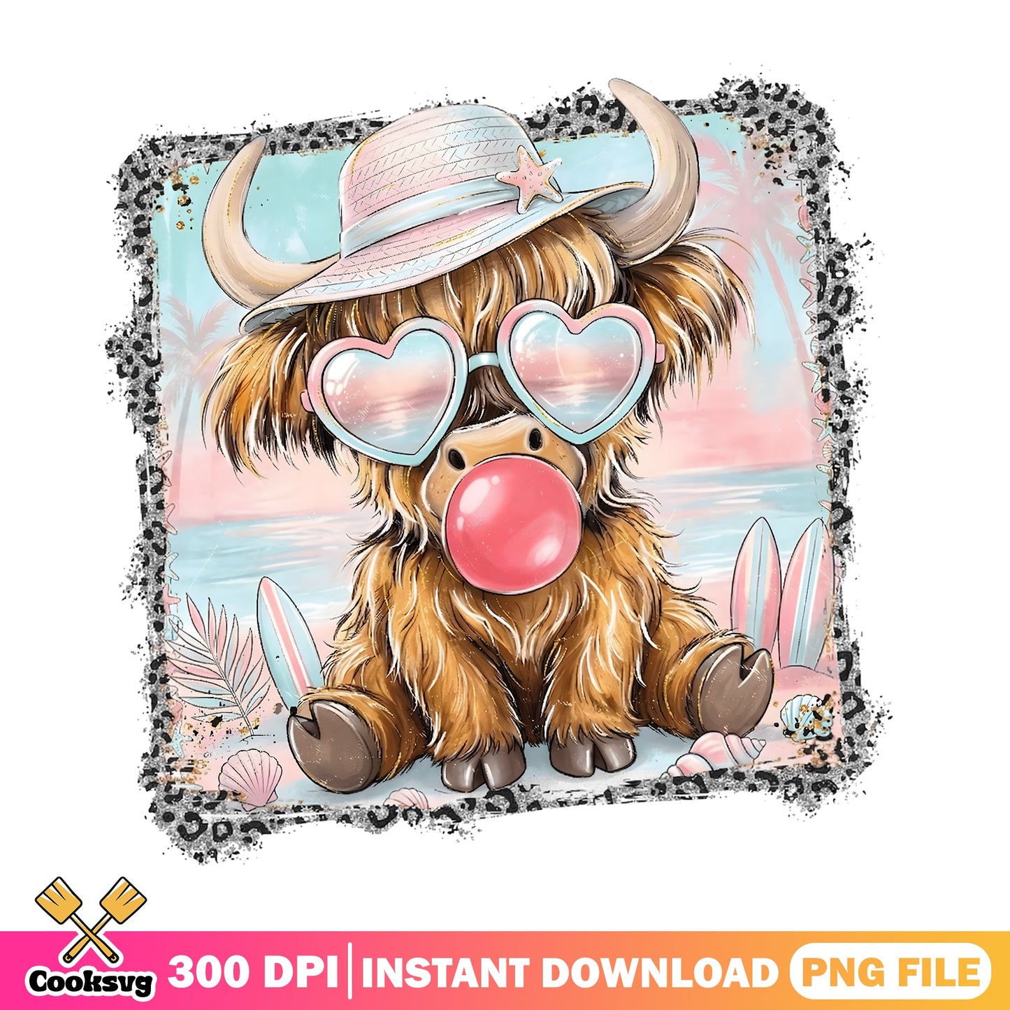 Summer Highland Cow PNG, Cute Bubblegum Beach Cow, Cowgirl PNG