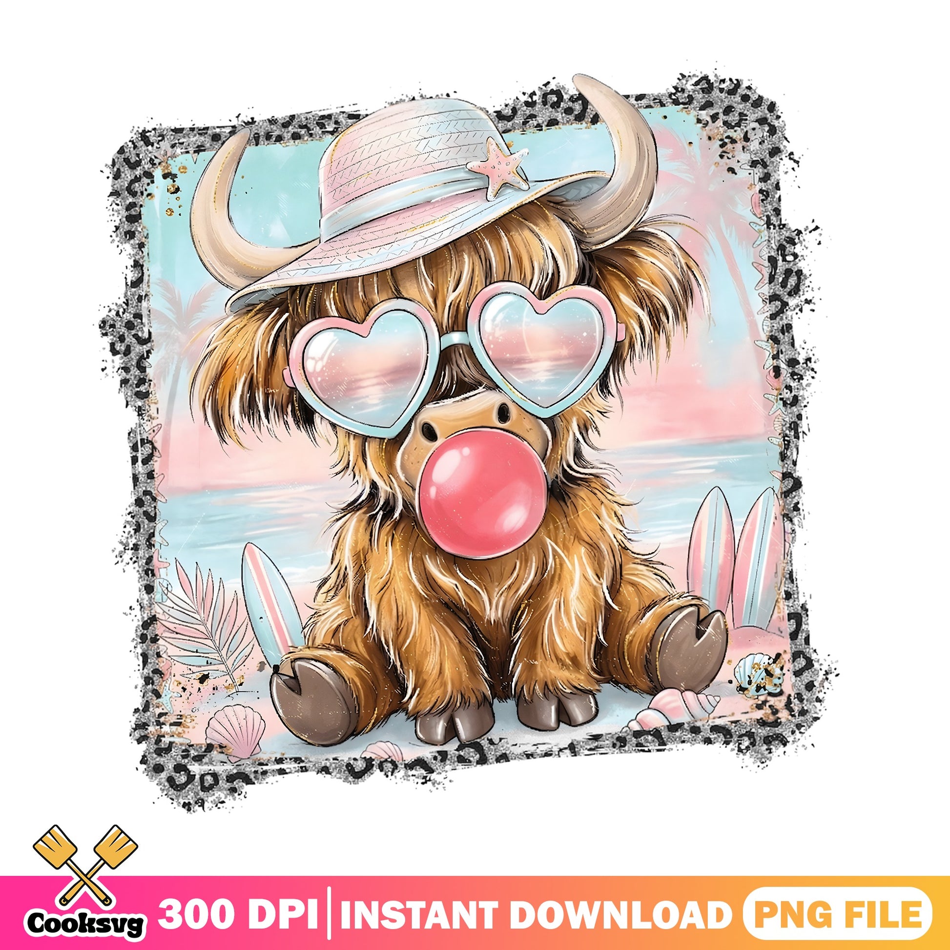 Summer Highland Cow PNG, Cute Bubblegum Beach Cow, Cowgirl PNG