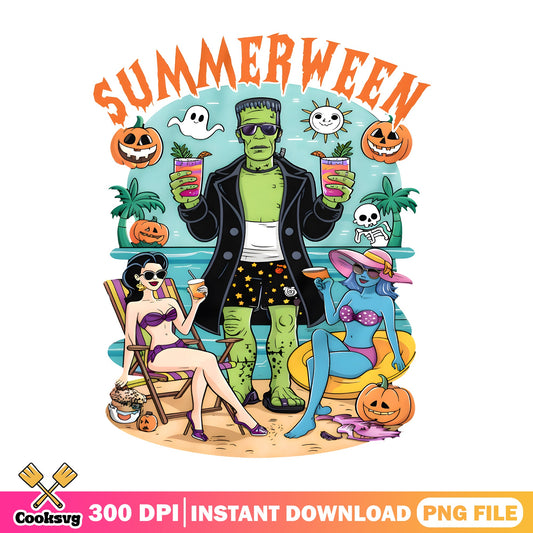 Summerween Frankenstein Beach PNG, Halloween Summer PNG, Spooky Season PNG