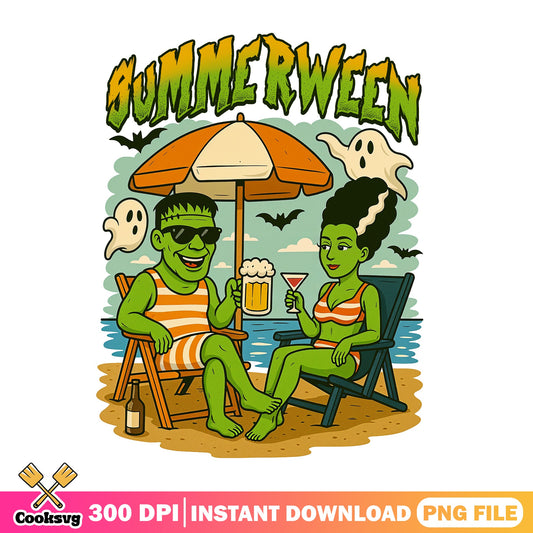 Summerween Frankenstein Couple PNG, Halloween Beach PNG, Spooky Summer PNG