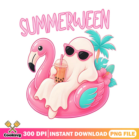 Summerween Ghost Flamingo Float PNG, Halloween Summer PNG, Cute Ghost PNG