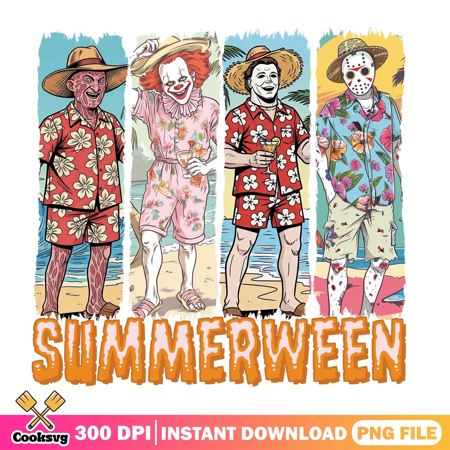Summerween Horror Characters PNG, Halloween Summer Beach PNG