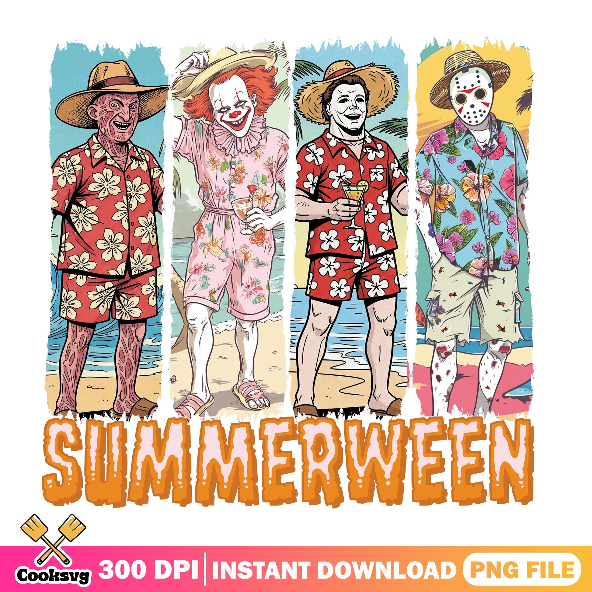 Summerween Horror Characters PNG, Halloween Summer Beach PNG