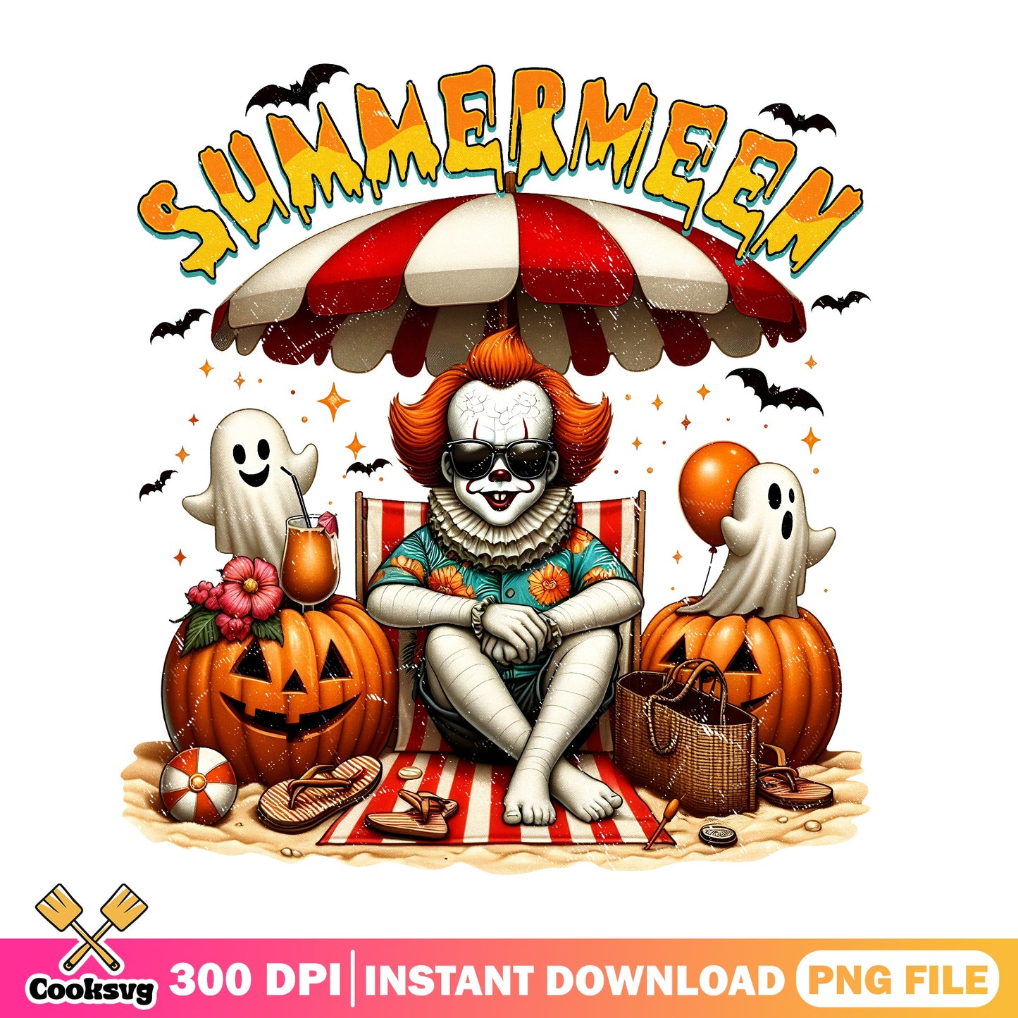 Summerween Pennywise PNG, Halloween Clown Beach PNG, Spooky Summer PNG
