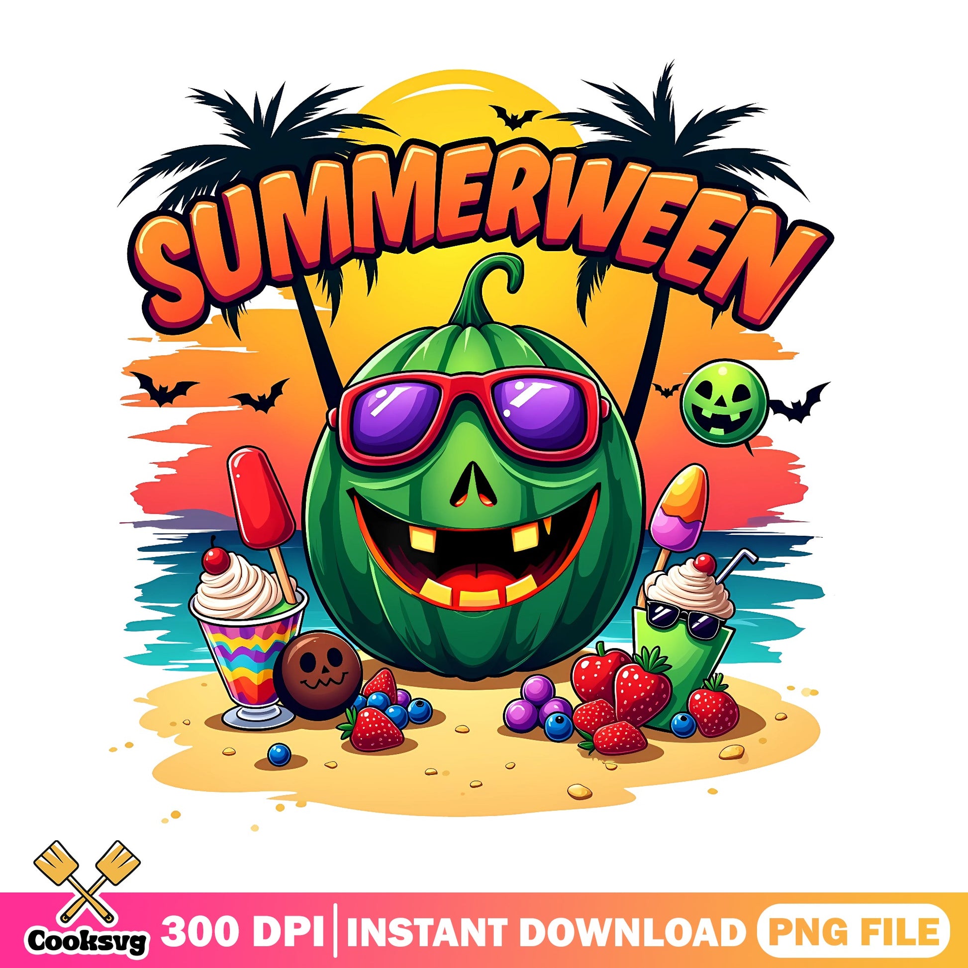 Summerween Pumpkin Beach PNG, Halloween Summer PNG, Funny Halloween PNG