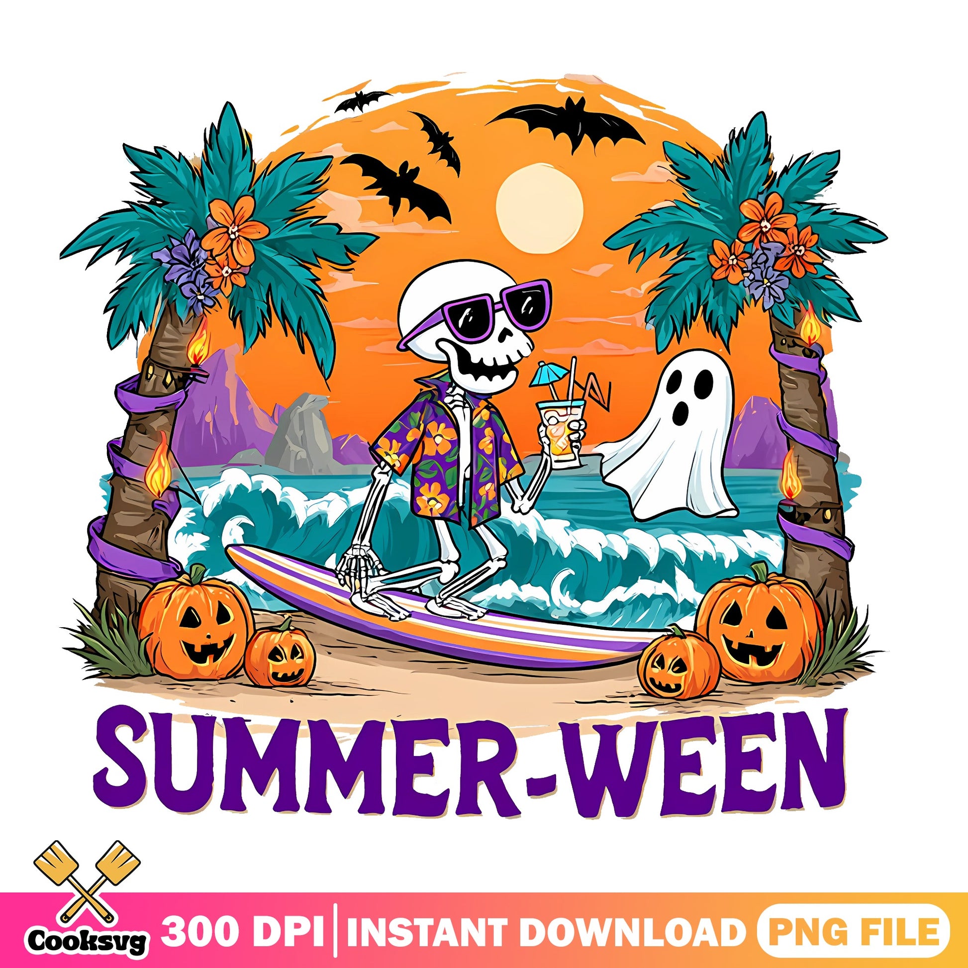 Summerween Skeleton Surfing Beach PNG, Halloween Ghost PNG, Spooky Summer PNG