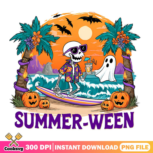 Summerween Skeleton Surfing Beach PNG, Halloween Ghost PNG, Spooky Summer PNG