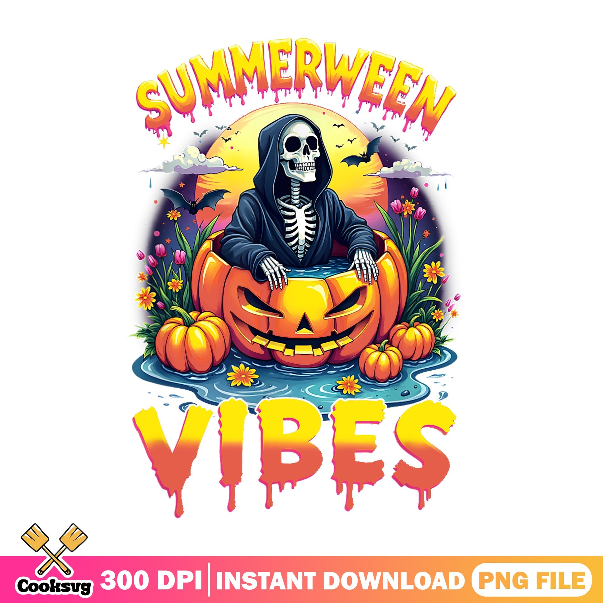 Summerween Vibes PNG, Skeleton Pumpkin Halloween PNG, Spooky PNG