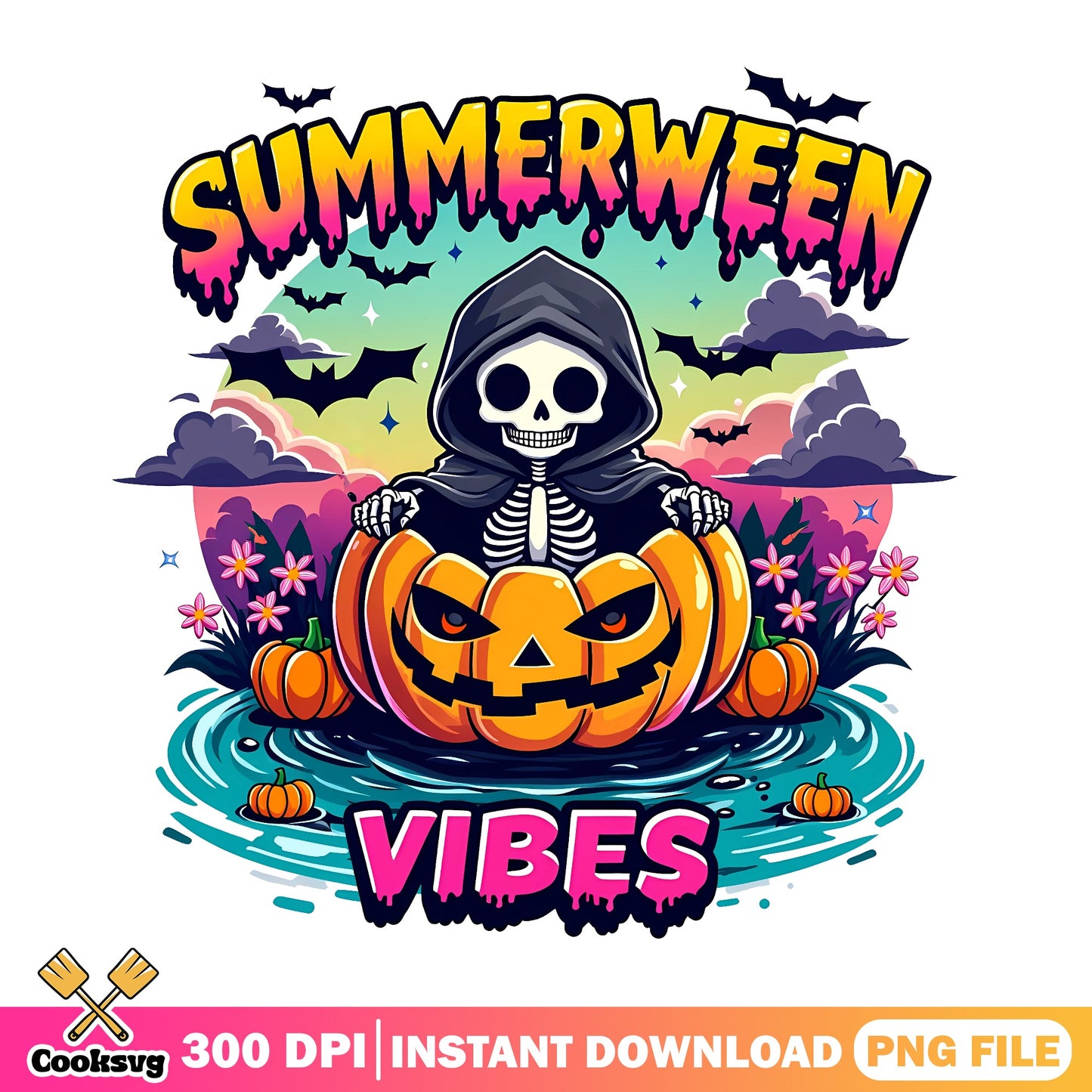 Summerween Vibes PNG, Skeleton Pumpkin Halloween PNG, Spooky Summer PNG