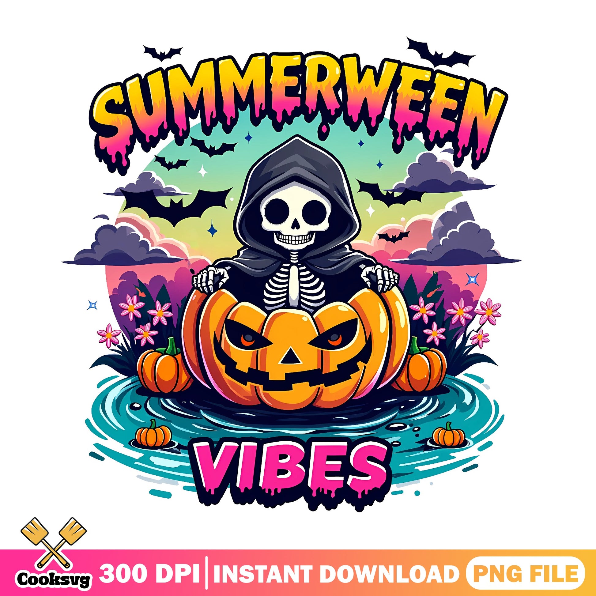 Summerween Vibes PNG, Skeleton Pumpkin Halloween PNG, Spooky Summer PNG