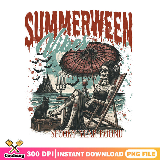 Summerween Vibes Skeleton Beach PNG, Spooky Summer PNG, Halloween PNG
