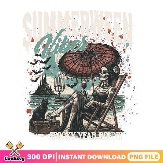 Summerween Vibes Skeleton Beach PNG, Spooky Year Round PNG, Halloween PNG