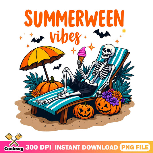 Summerween Vibes Skeleton PNG, Halloween Beach PNG, Spooky Summer PNG