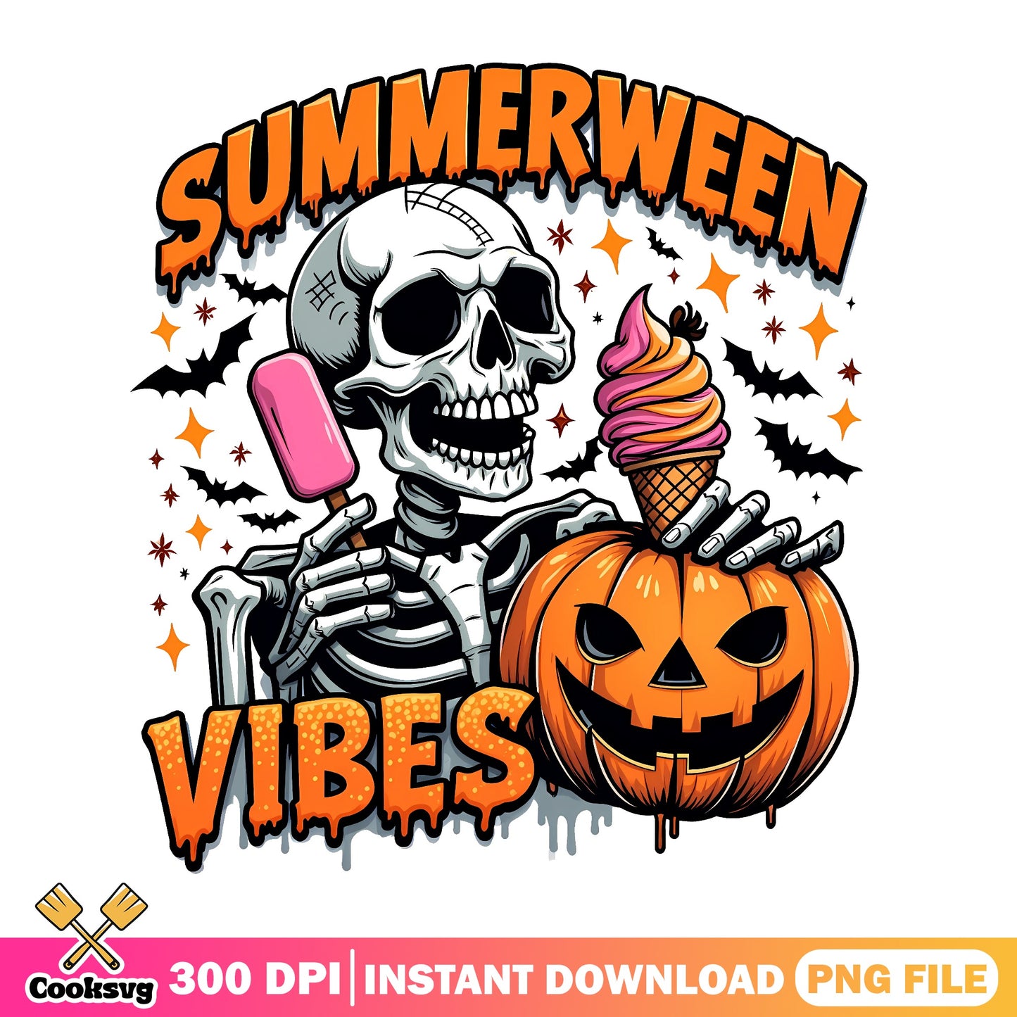 Summerween Vibes Skeleton PNG, Halloween Pumpkin PNG, Spooky Summer PNG