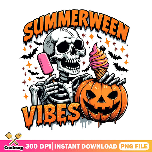 Summerween Vibes Skeleton PNG, Halloween Pumpkin PNG, Spooky Summer PNG