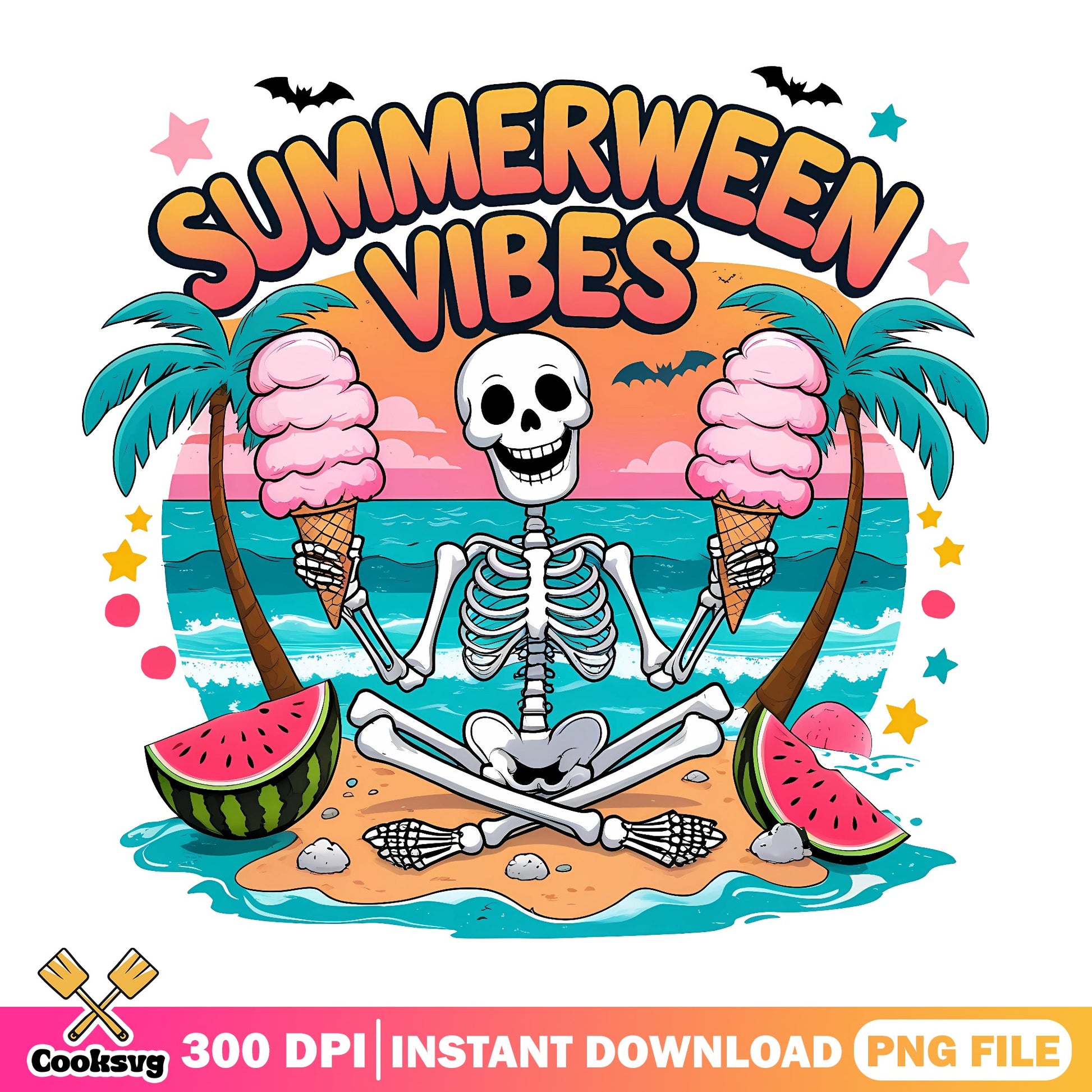 Summerween Vibes Skeleton PNG, Halloween Summer PNG, Beach Skeleton PNG