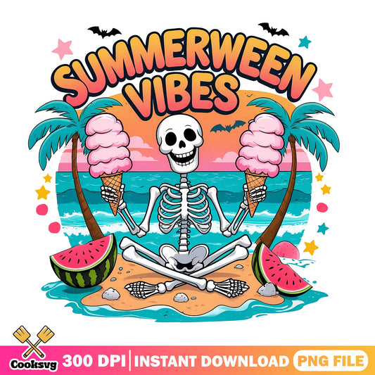 Summerween Vibes Skeleton PNG, Halloween Summer PNG, Beach Skeleton PNG