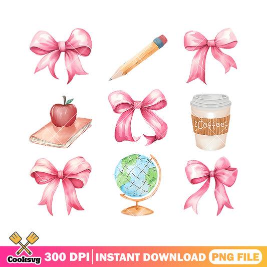 Supplies of school png, back to school supplies png, pink bows png