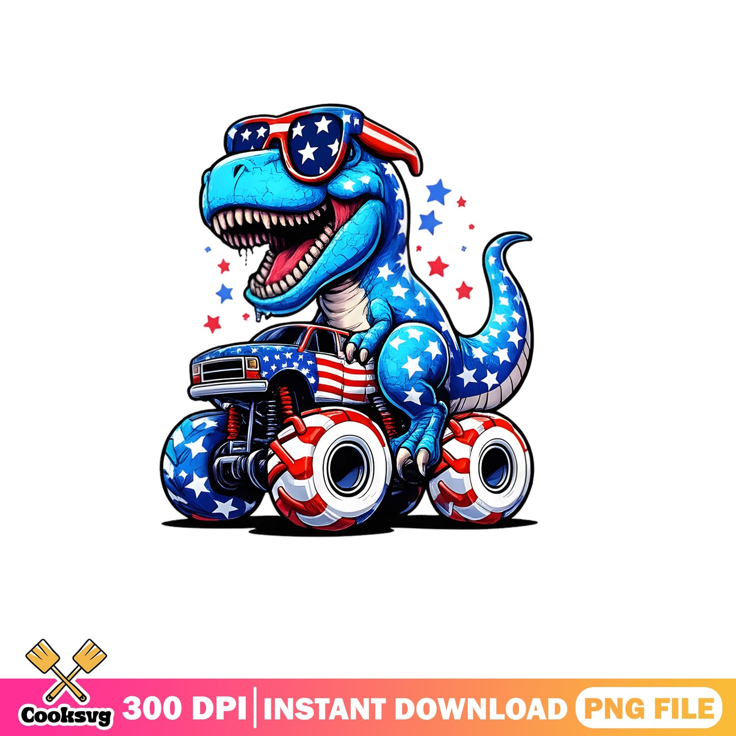 T-Rex Riding Monster Truck 4th Of July PNG, Dinosaur PNG, American PNG