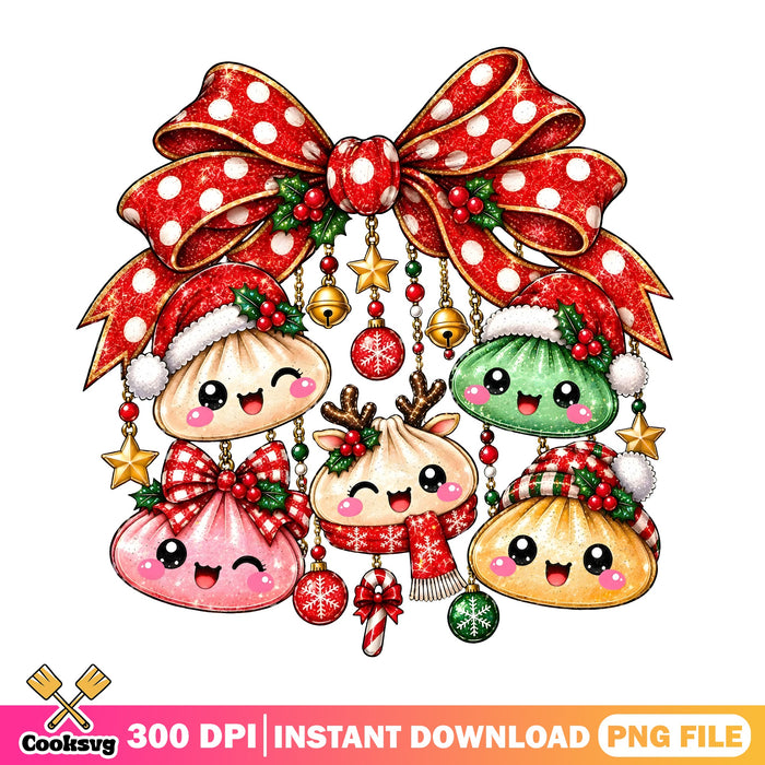 Kawaii Christmas Dumplings PNG, Polka Dot Bow PNG, Cute Bao PNG