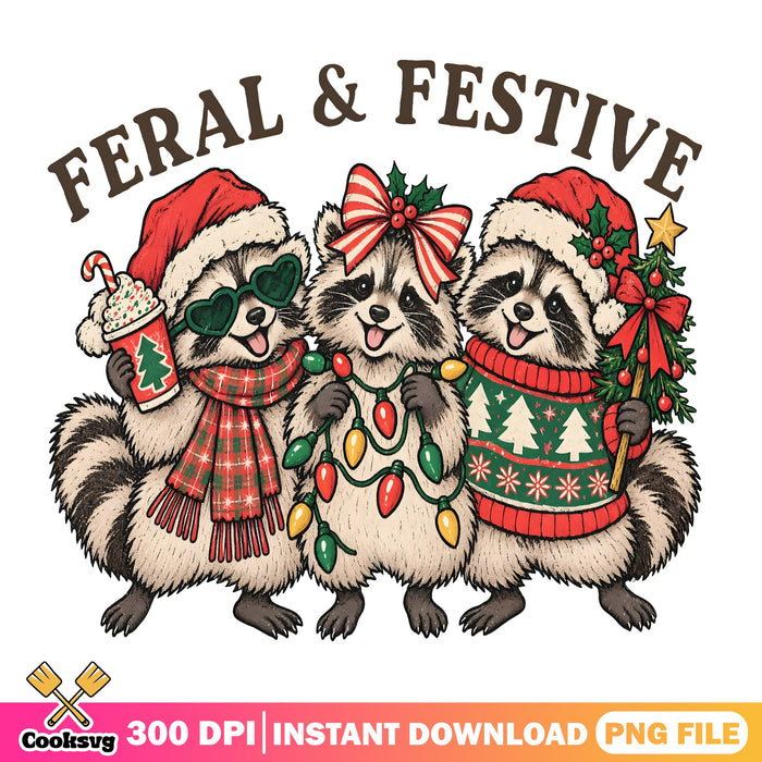 Feral And Festive Raccoons PNG, Christmas Raccoon PNG, Trash Panda PNG
