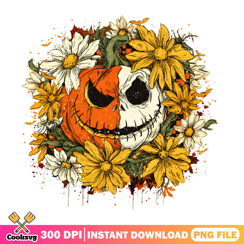 Jack Skellington Sunflower Pumpkin PNG, Half Jack PNG, Fall Floral PNG