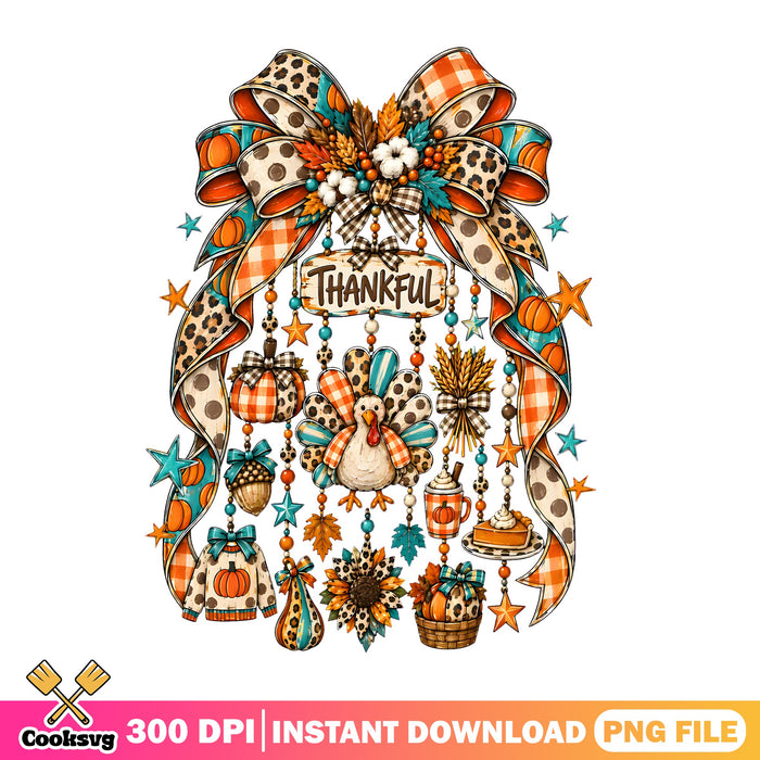 Thankful Turkey Coquette Bow PNG, Fall Charms PNG, Thanksgiving PNG