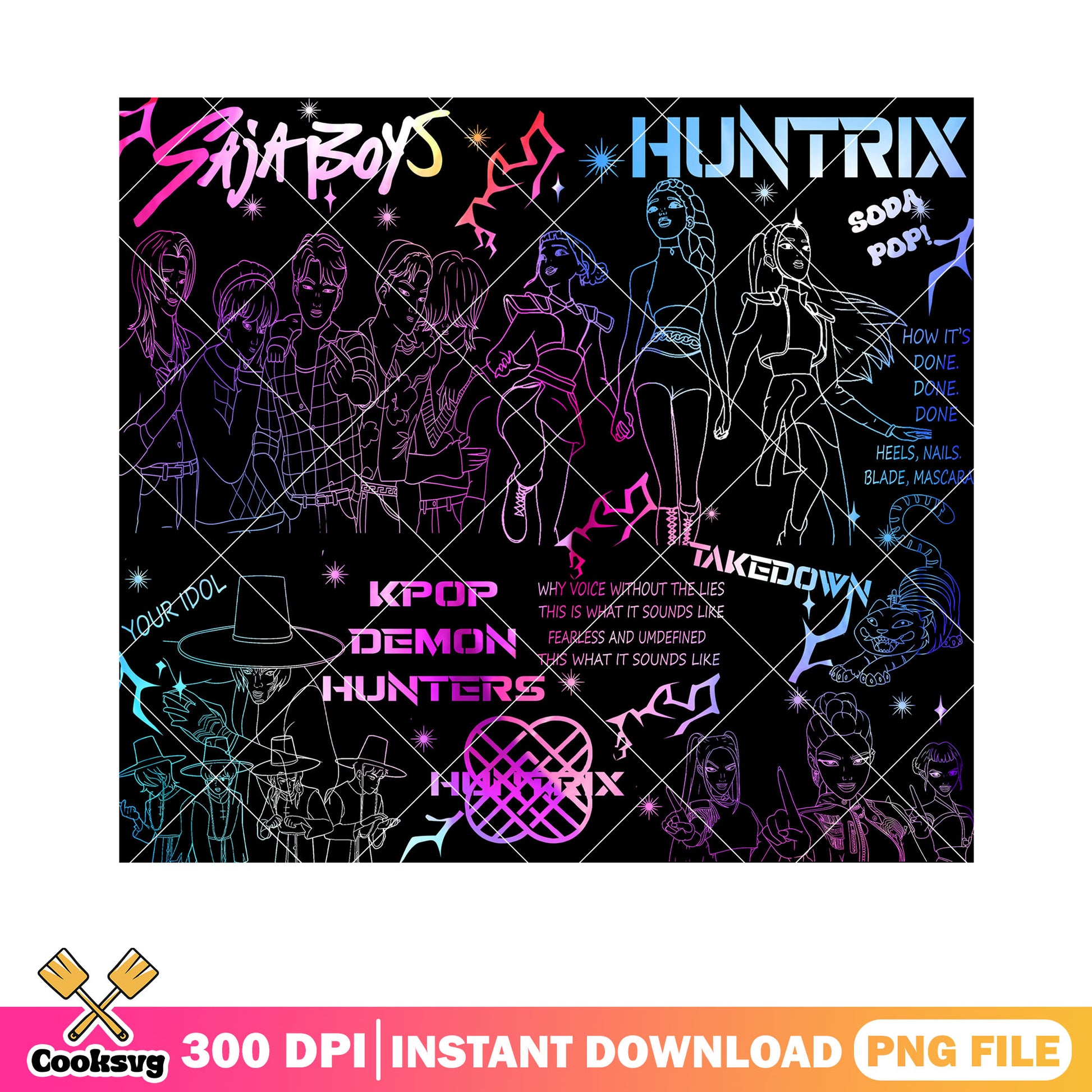 Takedown kpop band png, kpop demon hunters png, huntrix movie png