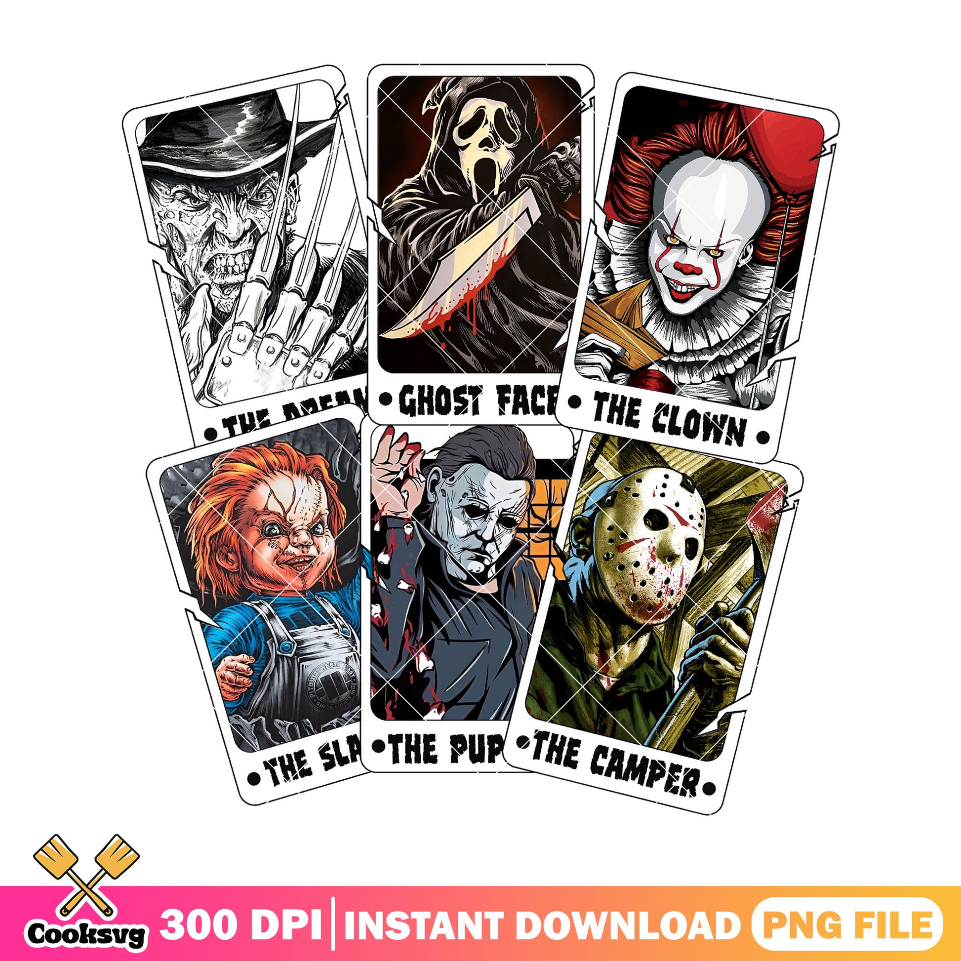 Tarot card halloween horror characters png, scary villains png