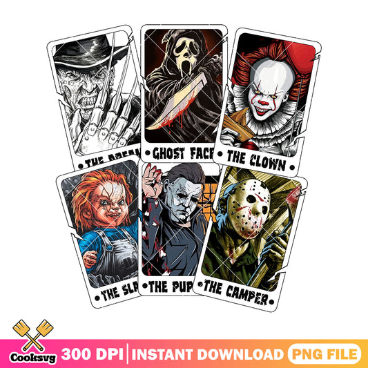 Tarot card halloween horror characters png, scary villains png