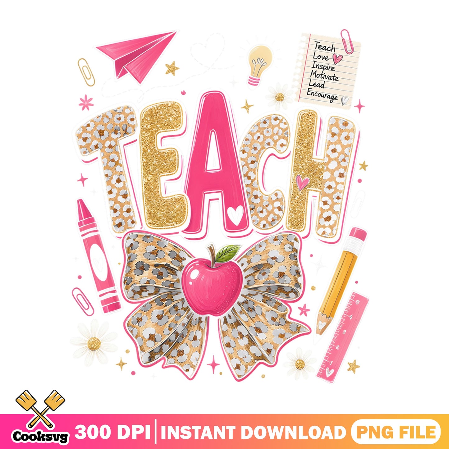 Teach Leopard Bow PNG, Teacher Apple Sublimation PNG, Back To School PNG