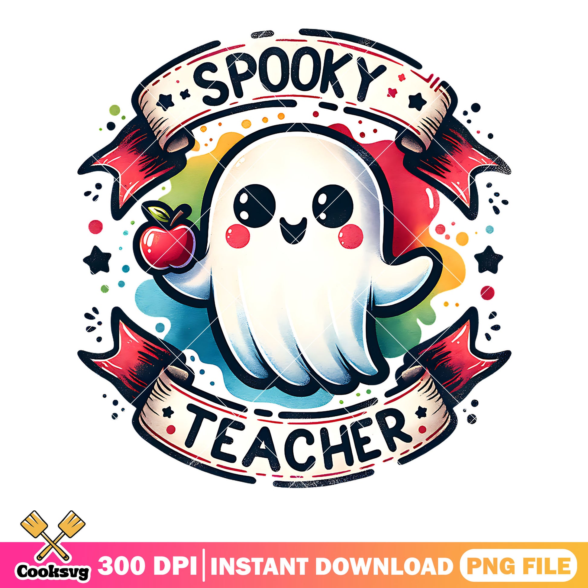 Teacher spooky red apple png, ghost costume png, scary halloween png