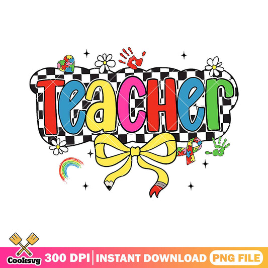 Teacher yellow bow design png, font cute png, back to school image png