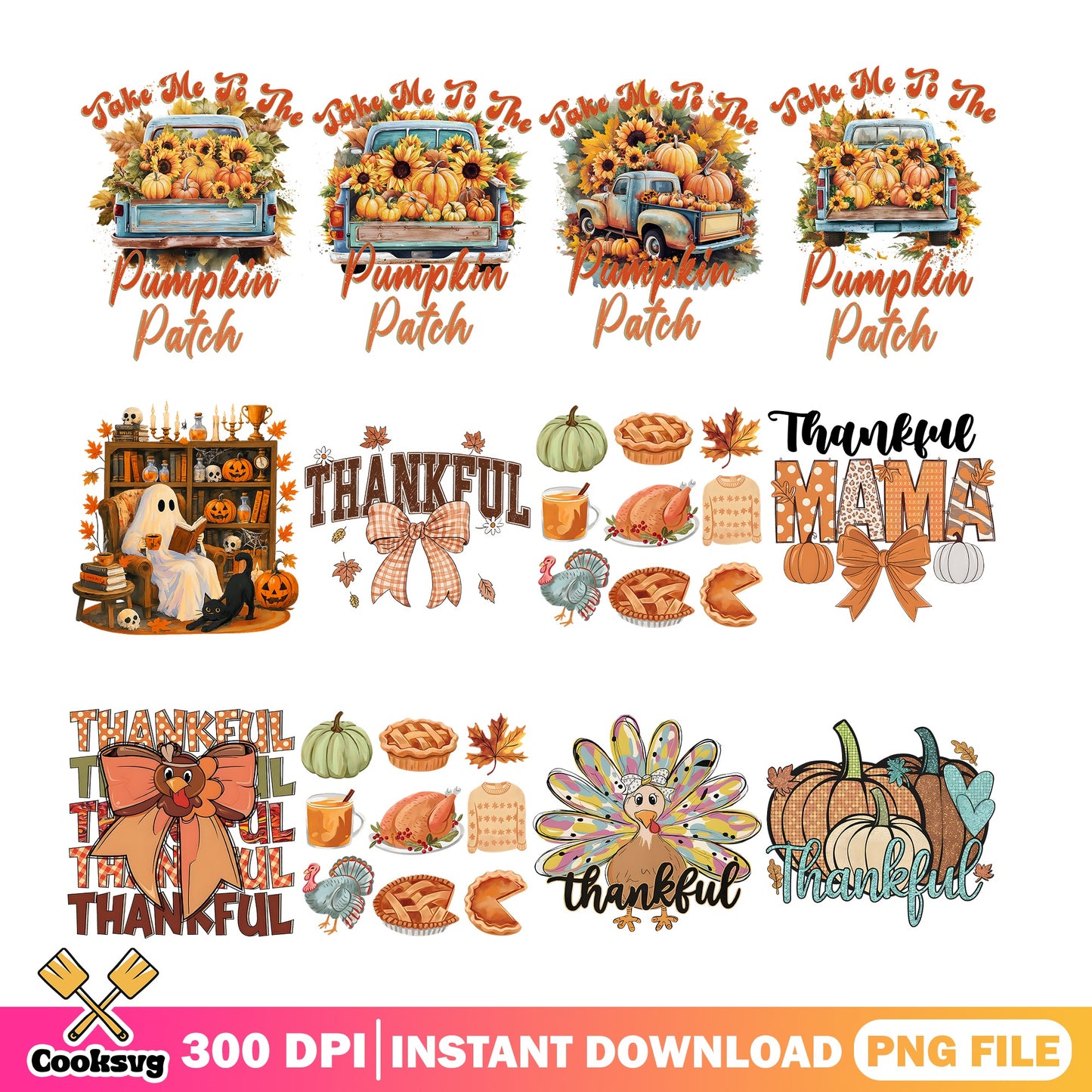 Thankful Thanksgiving PNG Bundle, Pumpkin Patch Fall PNG, Turkey PNG