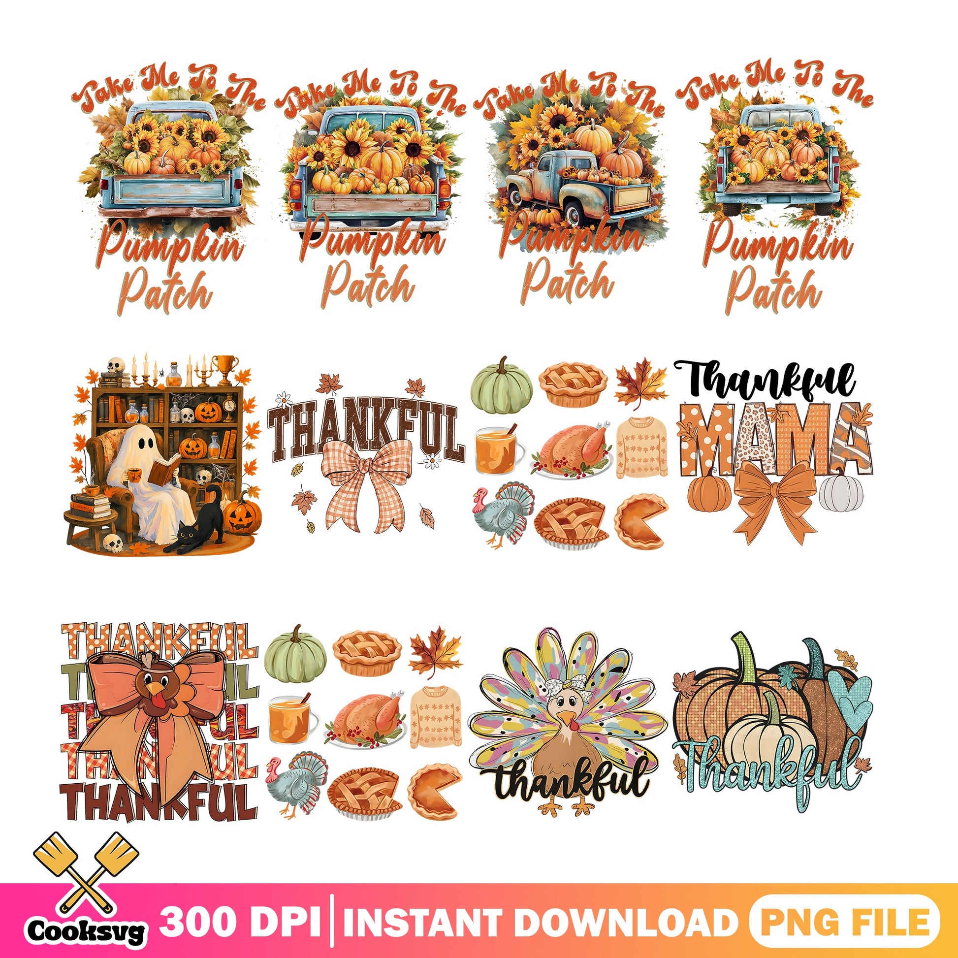 Thankful Thanksgiving PNG Bundle, Pumpkin Patch Fall PNG, Turkey PNG