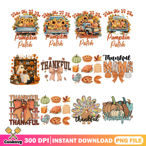 Thankful Thanksgiving PNG Bundle, Pumpkin Patch Fall PNG, Turkey PNG
