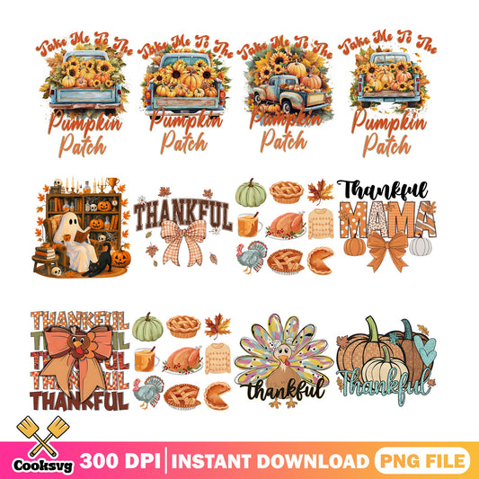 Thankful Thanksgiving PNG Bundle, Pumpkin Patch Fall PNG, Turkey PNG